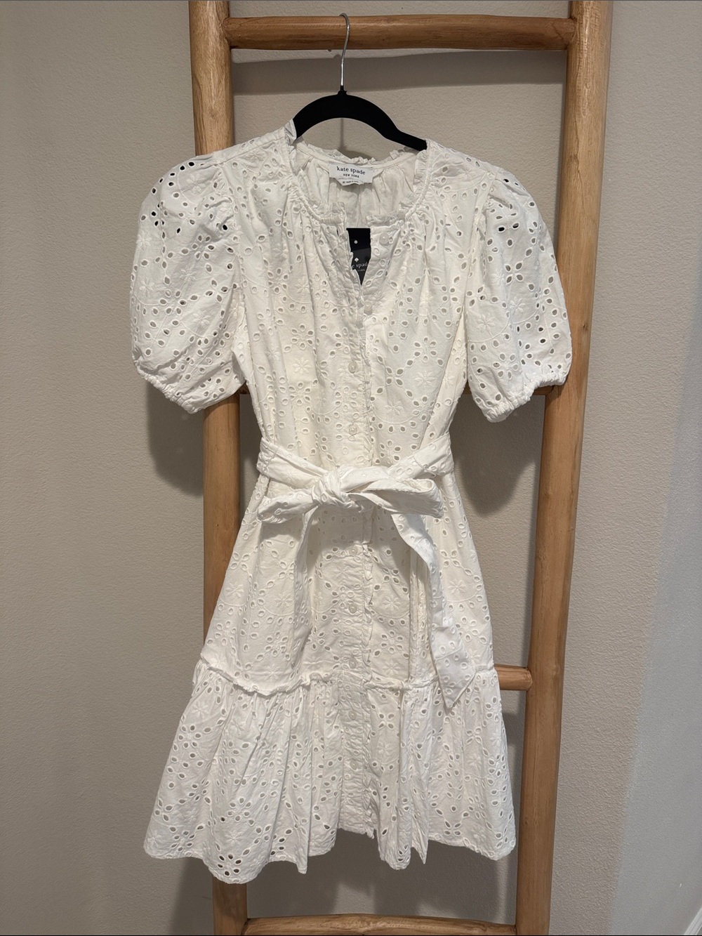 kate spade White Eyelet Puff Sleeve Belted A-Line Dress
